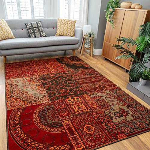 Classic Red Paisley Print Area Rug Traditional Floral Brown Patchwork Carpet Orange Living Room Entrance Kitchen Mat Rugs 190cm x 280cm
