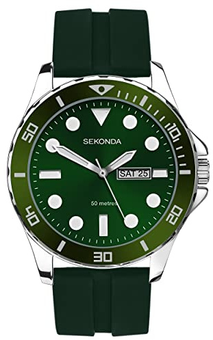 Sekonda Mens 43mm Balearic Analogue Sports Watch with Day Date Window Fixed Bezel Rubber Strap Water Resistant 50 metres