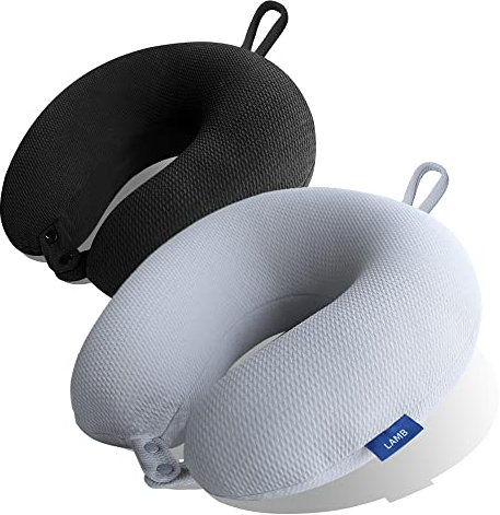 LAMB Cooling Reisekissen, Verstellbares Memory Nackenkissen für Flugzeug Camping Zug Auto, Nackenhörnchen kompaktes und leichtes für Flugzeug Zug Auto Schlafkissen, Partikel Füllung, Grau+Schwarz