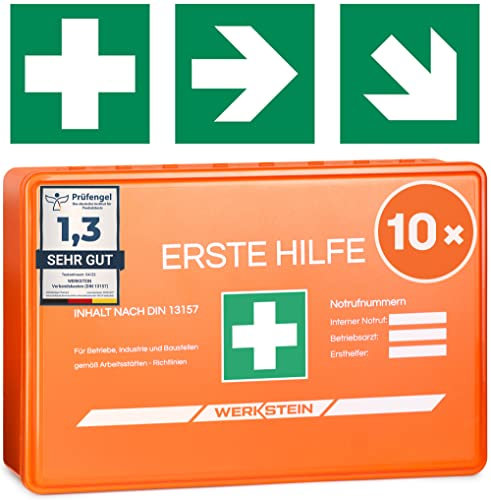 10x Erste Hilfe Kasten DIN 13157:2021 Small - Inkl. praktischer Wandhalterung, 5x Aufkleber, Gesichtsmasken & Feuchttücher - Verbandskasten DIN 13157 für Betriebe, Einrichtungen & Zuhause
