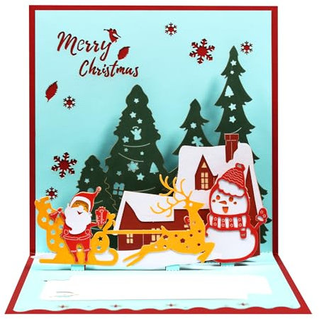 Magic Ants Pop-Up-Karte für Weihnachten, 3D-Grußkarte mit Schlitten, Rentier, Schneemann und mehr