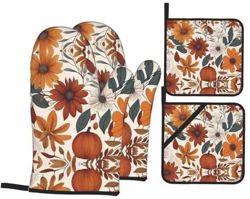 YYHWHJDE Set di 4 presine e presine autunnali con motivo floreale, spessi e resistenti, termoisolanti