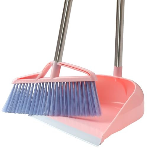 Juego de recogedor de escoba, resistente al viento, vertical, mango largo, kit de escoba, combinación de recogedor para limpieza del hogar (rosa)