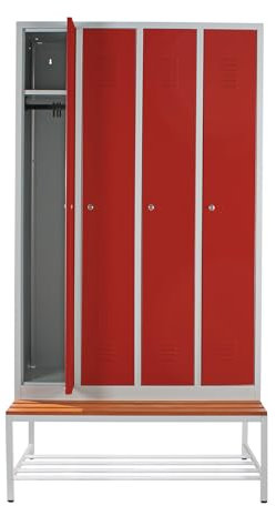 Schrank & Stuhl Spind – Metallspind mit 4 Abteilen und Sitzbank mit Schuhrost - 30 cm Abteilbreite, 220 x 117 x 80 cm, Schließfachschrank mit Hutboden & Zylinderschlössern, Grau/Rot