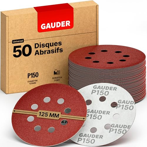 GAUDER Dischi abrasivi per levigatrici eccentriche Ø 125mm - Carta abrasiva a strappo 8 fori - Fogli abrasivi rotondi per legno, metallo e altri materiali (Grana P150-50 pezzi)
