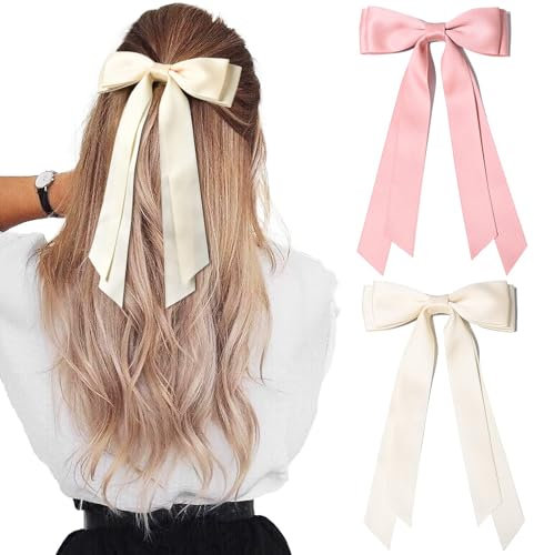 Kryzalite 2 Stück seidige Satin-Haarschleifen, Haarspange, rosa-cremefarben Haarband, Pferdeschwanzhalter, Metallklammern, Haarschleife für Damen