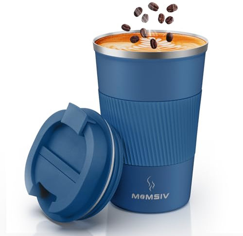 MOMSIV Coffee Cup, Insulated Coffee Cup with Leakproof Lid, Non-Slip Vacuum Reusable Stainless Steel Eco-Friendly Travel Office Mug for Hot and Cold Water Coffee and Tea, 380ml/13oz(Darkblue)