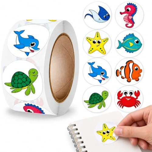PLAYZOCO Fische Aufkleber für Kinder, Wassertier-Sticker, 500 Stück, 2,5 cm, Nautisch, Vinyl, Rund, Indoor, Blau, Marineblau, Fischaufkleber, Sticker