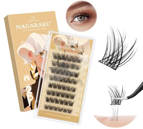 NAGARAKU Pre Glued Cluster Lashes 48 Pcs No Glue Needed Press-on Pre-bond Eyelashes Reusable Self Adhesive DIY Lashes Fluffed Style (SA-003, 0.07mm C Curl 10-16mm)