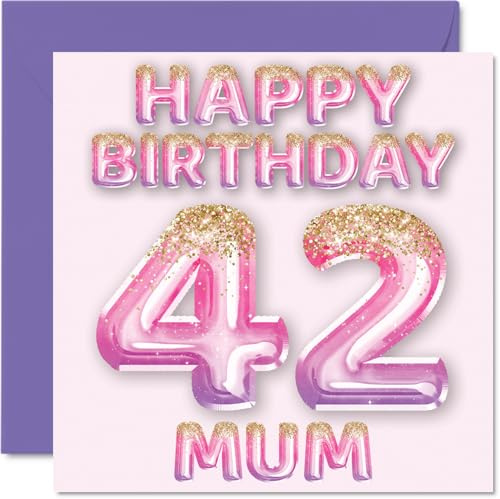 42nd Birthday Card for Mum, Pink & Purple Glitter Balloons | Happy Birthday Cards for 42 Year Old Mum Mother from Son Daughter, 145mm Bday Greeting Cards Gift