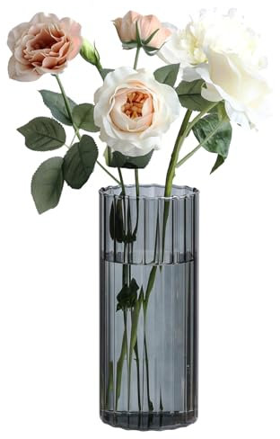 ComSaf Kleine Vasen Deko für Tischdeko, Modern Blumenvase Glas, Mini Vase Tulpen Set, Glasvase Zylinder Rund Gross, Tulpenvase für Tulpen, Pampasgras, Orchideen, Rosen, 20 cm Hoch, Grau