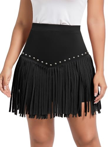 Gonne Donna con Frange - Sexy Cowgirl Eleganti Costumi Occidentale Abiti Skirt da Concerto di Campagna Frange per Vestiti Spiaggia Rave Coachella Outfit(Black,M,11163r)