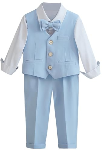 L SERVER Costume Mariage Garcon Mode Gilet + Chemise + Pantalon + Nœud Papillon Ensemble Bapteme Enfant Vetement Ceremonie, Bleu, 6-7 Ans