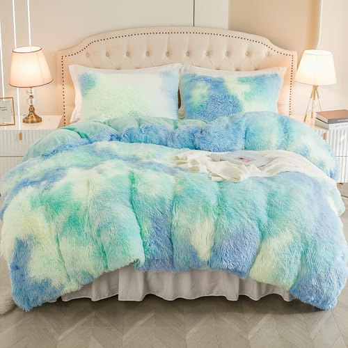 EMME Plüsch Bettwäsche Set 220x240cm, Tie Dye Blau Grüne | Biber Flauschige Bettdecke Set für Bett Shaggy und Plüsch weiche Bettwäsche Bettbezüge und 2 Kissenbezug 80x80cm
