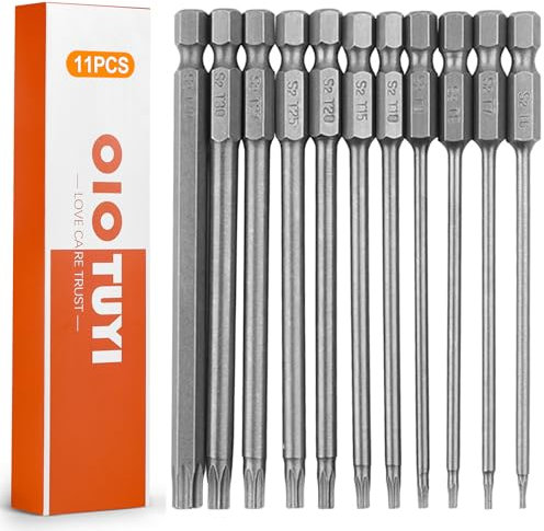 OioTuyi Juego de 11 puntas Torx largas, magnéticas, 100 mm extra largas, juego de puntas largas, destornillador Torx con orificio, acero S2