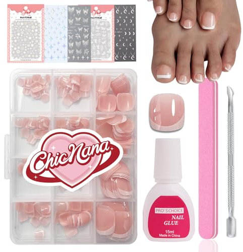 French False Nails for Toenails, 240Pcs Press On Nails for Toe with Stickers, False Toenails Kit With Glue Pedicure Fake Nails 12 Sizes Stick On Nails For Women French Tip Gift for Girls (Toenails)