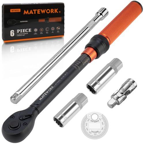 Zündkerzen-Drehmomentschlüssel-Set, 6-teilig, 3/8 Zoll, 10-45 Fuß LB (13,6-61 Nm) mit magnetischen Zündkerzensteckern, 12-Punkt-Steckdose 14 und 16 mm, Zündkerzenspalt, Universaldichtung und Stange