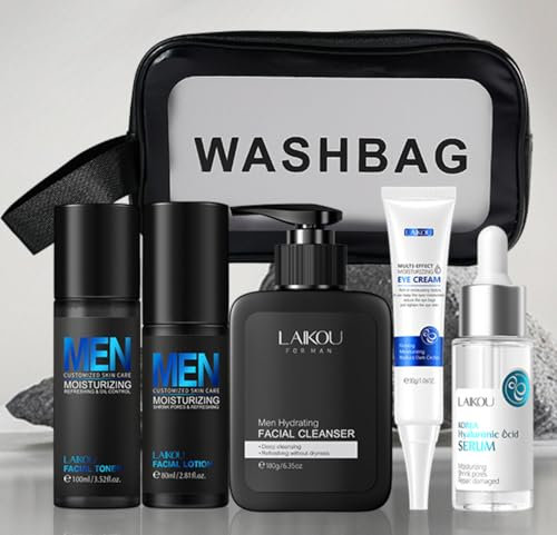 LAIKOU Cuidado de la Piel Hombre, Kit de Cuidado Facial Hombre, Set de Regalo Cuidado Facial, Kit Hidratante Cara Hombre, Productos para el Cuidado de la Piel (6pcs)