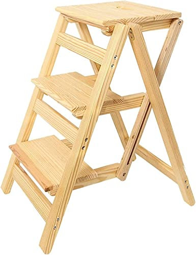 JFUNANQH Wood Folding Step Ladder Chair 3 Step Stool Home Wooden Folding Ladder Chair Thickened Library Stair Chair Portable Light Garden Tool Ladder (Wood Color)