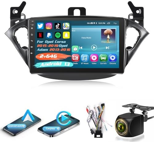 2G+64G Android 13 Autoradio für Opel Corsa 2015-2019/Opel Adam 2013-2016 mit Carplay Android Auto, 9 Zoll Touchscreen Autoradio mit WiFi/GPS/FM RDS/Bluetooth+AHD Rückfahrkamera