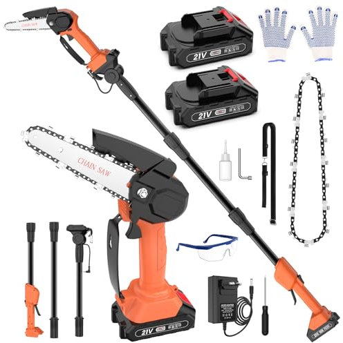 Kasakily Motosierra Batería Sin Cable 180CM, Sierra de Podar Telescópica y Motosierra de Mano 2-en-1, Podadora de Pértiga con 2 Cadenas, Gafas, Guantes para Podar Arboles Patio de Jardín árboles