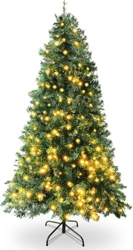 Coselena 7ft Pre-Lit Artificial Christmas Tree – 1,560 Alaskan Pine Tips - Christmas Tree with 600 Vibrant LED Lights, 8 Lighting Modes & Timer - Slim PVC Xmas Tree for Christmas Decorations