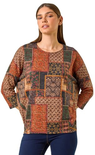 Roman Originals Top for Women UK - Ladies Drop Shoulder Blouse Batwing Tunic Stretchy Everyday Autumn Winter Round Neckline Comfy Soft Evening Vacation Work Party Night Out - Orange - Size 10