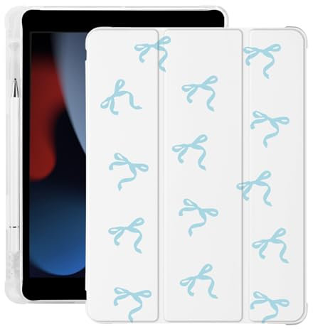 BlHMCASE Niedliche blaue Schleife Kawaii für iPad 7. / 8. / 9. Generation Hülle mit Stifthalter, automatischer Schlaf-/Wachmodus, weißes Leder, weiche TPU-Rückseite für iPad 10,2 Zoll 2019/2020/2021