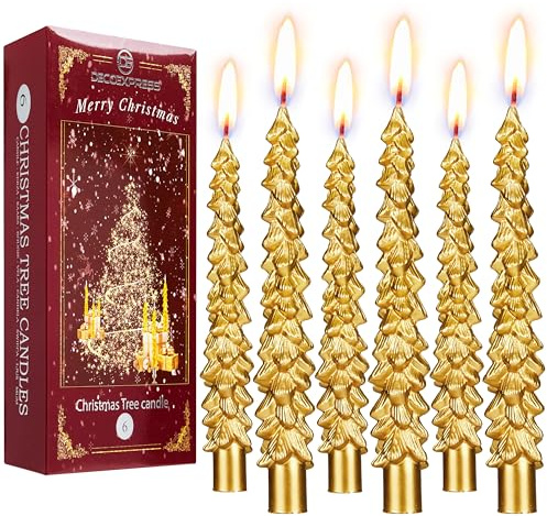 Deco Express Candele per Albero di Natale, Set da 6 Candele da Tavola con Durata di 7 Ore, Centrotavola e Decorazioni Natalizie, Idea Regalo Xmas (Oro, 6 Pezzi)