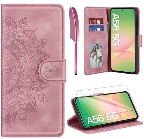ivencase Lederhülle für Samsung Galaxy A56 5G Hülle und Schutzfolie, Premium Klappbar Handyhülle Flip Wallet, [Kartenfach] [PU Leder] [Ständer] Schutzhülle Kompatibel mit Samsung A56 5G, Rosa