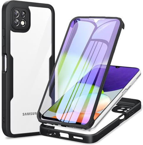 Phoona 360 degrés Coque pour Samsung Galaxy A22 5G avec Transparent Protection d'écran, Silicone Antichoc écran Coque, Anti-Rayures Intégrale Étui Housse pour Samsung A22, Noir