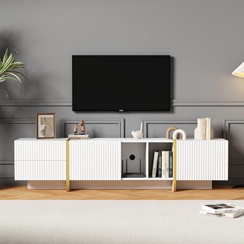 Jaxenor 190cm TV Schrank mit 2 Schubladen und 2 Schranktüren, TV Bank TV Lowboard TV Table TV Sideboard TV Cabinet TV Regal für das Wohnzimmer Fernseher bis 80 Zoll, Weiß