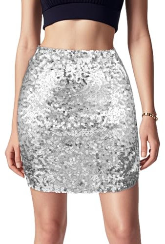 Aolso Glitzer Rock Pailletten, Pailettenrock Für Damen Glitzer Rock Kurz Damen Sexy Midi Skirt Hüftrock mit Elastische Taille Party Rave für Fasching Karneval Party Festival(Silber-L)