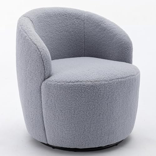 FARRINGTON Teddy-Drehsessel, Runder Boucle Sessel mit 360° Drehbarem Metallfuß, Bequemer Gemütlicher Drehstuhl Ohne Rollen Schminktisch Stuhl Armlehnstuhl Lesesessel (Hellgrau)