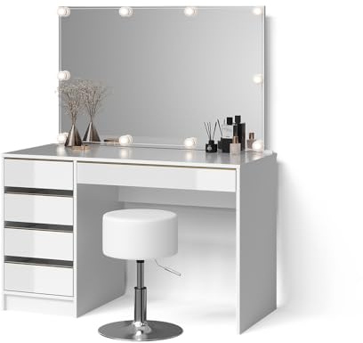 Livinity Schminktisch Imola, Weiß/Gold | ✓ Spiegel mit LED-Lichterkette · ✓ Hocker · 5 Schubladen · Bodenstehend · Grifflose Optik