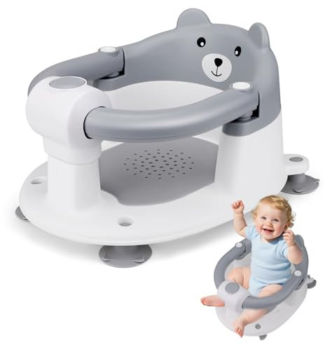 Badewannensitz Baby,Badesitz Baby ab 6 monate,Bär Rutschfester Badesitz mit 4 Saugnäpfen,Bbadewannen Sitzhilfe 360° Rundumschutz,Bad Dusche Geschenke für Neugeborene und Neue Mütter,Grau