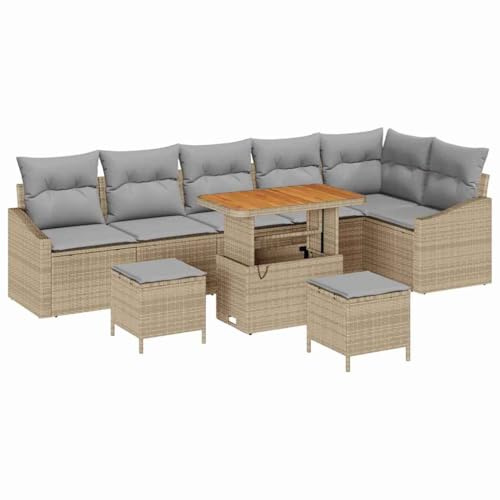 vidaXL Garten-Sofa-Set mit Kissen 9 pcs Beige Poly Rattan, Garten- und Terrassensofa-Set, rechteckig, modulare Form, verstellbare Füße, wetterfester, robuster Rattan-Stil