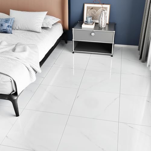 Yullpaper 24 Stück Vinylboden Selbstklebend Weiße PVC Bodenbelag Fliesenoptik Glänzende Fliesenaufkleber Boden Klebevinyl Selbstklebend Klebefliesen Bad Boden Weiße Bodenfliesen Überkleben 30 X 30cm