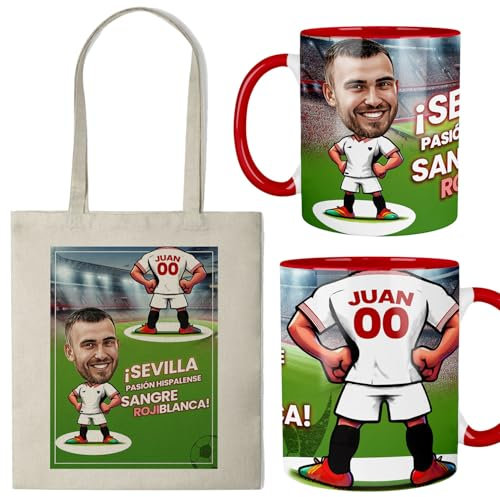 Kembilove® Taza personalizada Sevilla FC con caricatura y bolsa | regalo fútbol rojo y blanco | personaliza nombre y número | detalle original para fans sevillistas