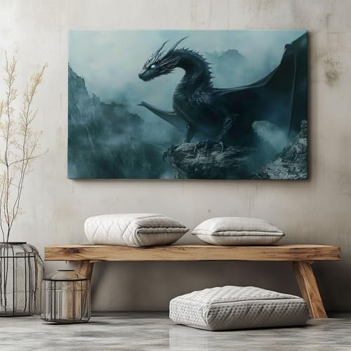 Generisch Leinwand Bilder 140 x 70 cm (L x B) für Schlafzimmer Wohnzimmer Deko, Nebelberg Schwarzer Drache Kunstdruck Wandbild, Dark Fantasy Moderne Wand Dekoration Poster ohne Rahmen