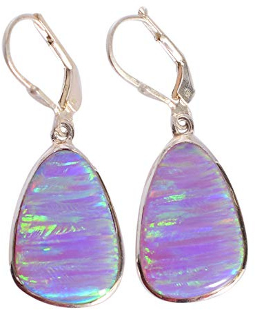 Feueropal-Ohrringe, 925er-Sterlingsilber, 18 x 12 mm, mehrfarbiges Cabochon-Lünetten-Set, handgefertigte Tropfenohrringe, Boho-Schmuck, Geschenk für Damen