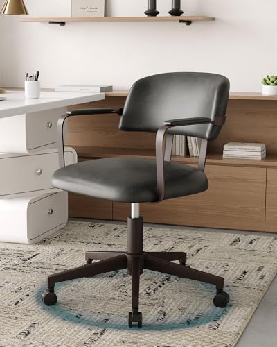 BERYTH Bürostuhl Leder Aesthetic Schreibtischstuhl Ergonomisch Drehsessel mit Rollen Armlehnen Retro-Sessel Vintage Höhenverstellbar Schminktischstuhl Schlafzimmer Arbeitszimmer Zuhause Dunkelgrau