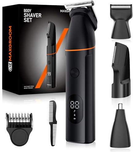 MAXGROOM Tondeuse Corps Homme Électrique, 4 en 1 Multifonction Tondeuse Intime Homme, 7000RPM Rasoir Partie Intime Professionnel,IPX6 Étanche,Long Endurance USB-C