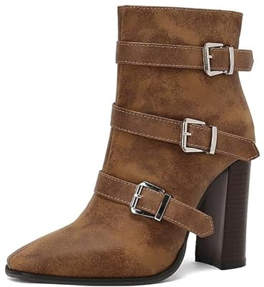 EICOFF Stivaletti da Donna con Punta Quadrata, Cerniera Laterale alla Caviglia, Tacco Alto a Blocco, Stivali Biker in Pelle Impermeabile, Scarpe Casual da Donna,Marrone,39 EU