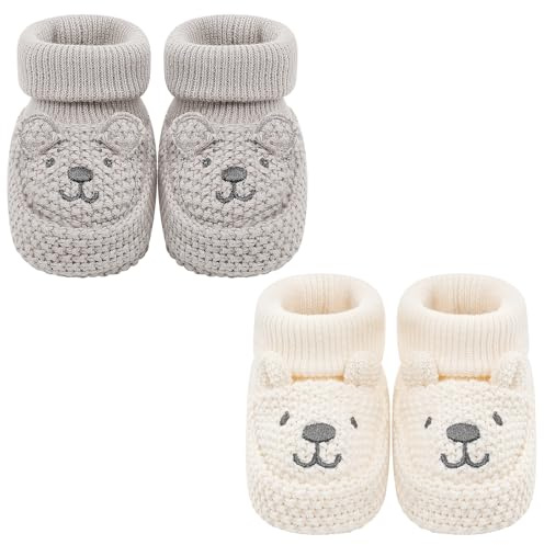 LACOFIA 2 Paare Neugeborene Gestrickt Babyschuhe Weiche Baby Jungen Mädchen Stiefeletten 0-3 Monate Beige Bär+Braun Bär