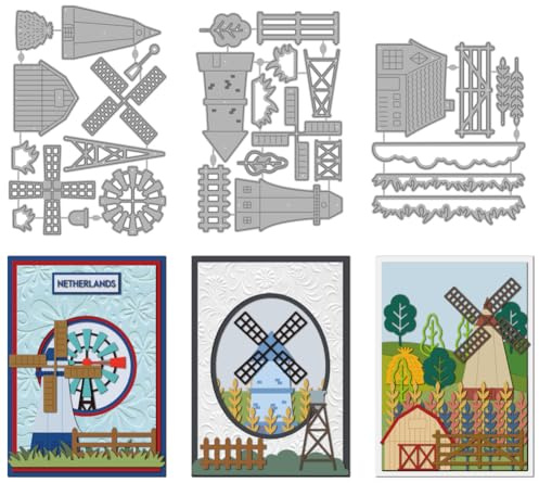 MAYJOYDIY Farm Theme Metal Die Cuts Windmill Cutting Dies Cottage Fence Embossing Template Tree Grass Carbon Steel Cutting Stencils for Card Making DIY Scrapbooking Album Gift Decoration