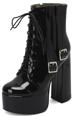TNMIUH Stivali con Zeppa Donna, Stivaletti Stringati con Tacco Largo Quadrato, Anfibi Combat in Pelle Verniciata con Doppia Fibbia, Scarpe da Festa Nero, Rosa, Bianco,Nero,43 EU