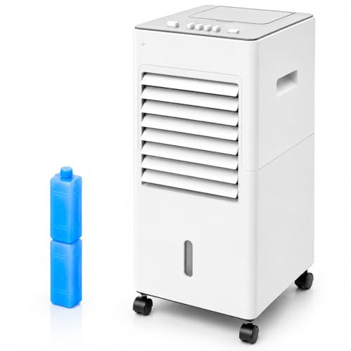 Refrigerador de Aire Portátil 4 en 1, Ventilador Humidificador Purificador y Aire Acondicionado Evaporación, Tanque 5 L, 3 Velocidades, 2 Acumuladores de Frío, 65 W