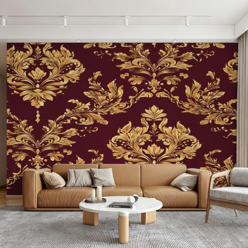 Red Gold Damask Wallpaper for Living Room Decoration, W150 X H105 cm Vintage Floral Wall Mural, Non-Wowen Bedroom Photo Wallpapaer, Home Decor Wall Paper
