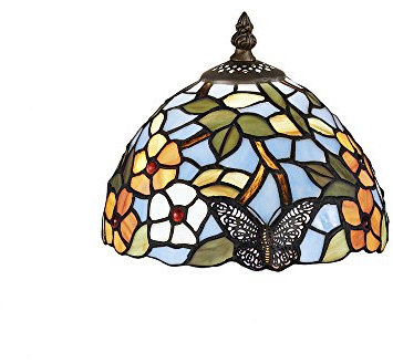 Perenz Abat-jour Tiffany modèle T1002U en verre coloré multicolore floral rond nacre colorée avec décoration de fleurs et de papillons, diamètre 20 cm x hauteur 14 cm